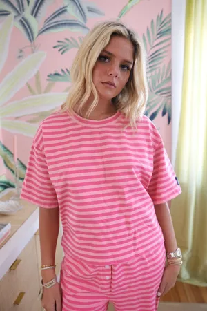 Striped Short Sleeve Top + Striped Button Pants Pink Size L thumbnail 1