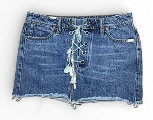 Free People Lace Up Denim‎ Micro Mini Skirt Blue Distressed Raw Hem Size 28 Boho thumbnail 1