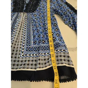 Crown & Ivy Large Blue Geometric Boho Peasant Top Lace Trim Tunic Womens L thumbnail 8