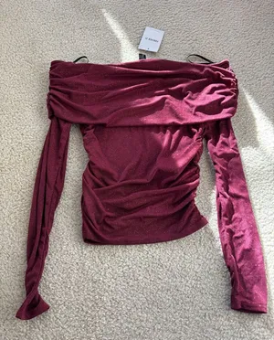 Forever 21 Off-Shoulder Sparkle Long Sleeve Top - Burgundy thumbnail 1