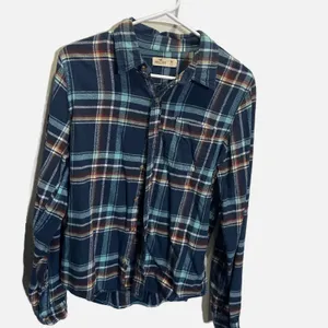 Hollister Womens Plaid Flannel Shirt Navy Blue Teal Button Down‎ Long Sleeve M thumbnail 2
