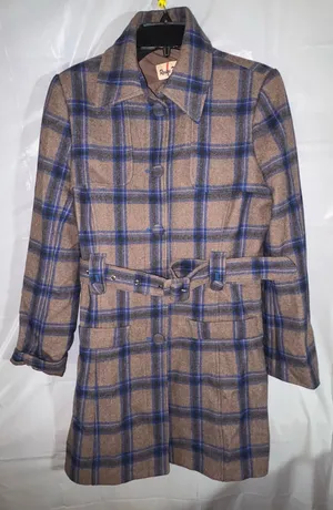 Rouge Par Womens Plaid Wool Blend Coat Sz Medium Blue Brown Buttons Belted Lined thumbnail 1
