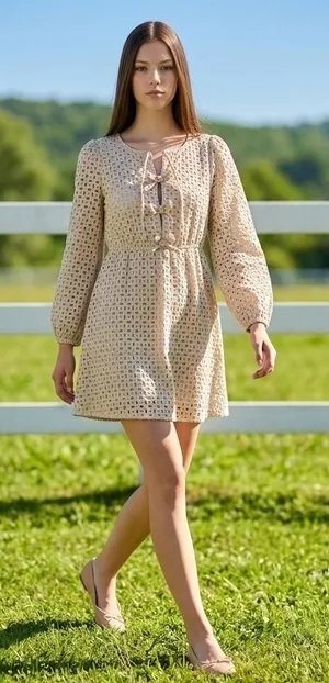 Zesica Womens Beige Eyelet Mini Dress Long Sleeve Bow Front Size M Boho Romantic thumbnail 1