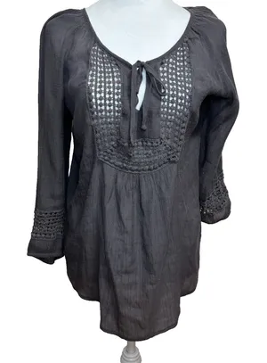 Maurices Crochet Tunic Top‎ Womens L Gray Boho Peasant Cottagecore Flowy Casual thumbnail 1