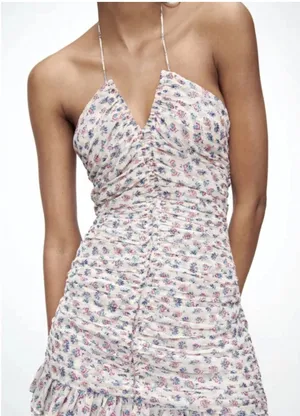 Zara Pale Floral Halter Ruched Mini Dress thumbnail 1