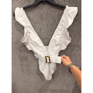 Unbranded Women Swimsuit Small White Ruffle Deep V-Neck Belted One Piece thumbnail 3