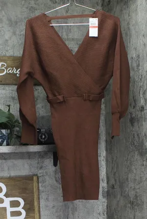 Rosie Harlow Juniors Surplice-Neck Dolman-Sleeve Knit Dress Cappuccino Brown XS thumbnail 1