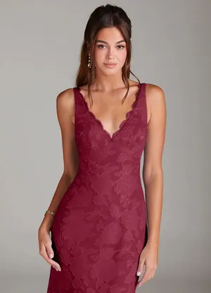 Azazie Burgundy Sheath Lace Floral Burnout Dress thumbnail 3