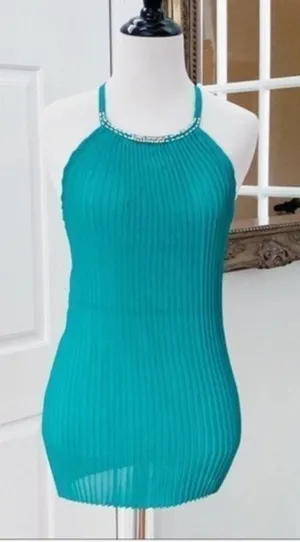 Halter Top Pleated Sheer Green Color Scoop Neck thumbnail 1