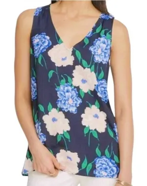 Ann Taylor Women's Size Medium Sleeveless V-Neck Blouse Navy Blue Pink‎ Floral thumbnail 1