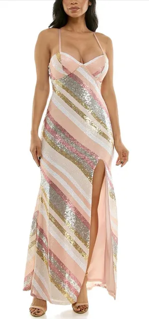 Blush Pink Sequin Striped Prom Gown with High Slit thumbnail 1