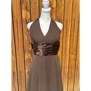 Maggy London Brown 100% Silk Halter Midi Dress Satin Waist Bow Sz 6 Vintage thumbnail 3