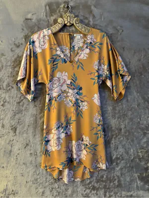 Vintage Billabong Mustard Floral V-Neck Midi Dress Women’s Size M thumbnail 3