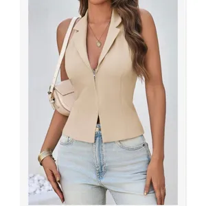 NEW Halter Blazer Vest Deep V Neck Zip Up Backless Smocked Waist M thumbnail 7