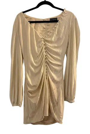 Kittenish Ruched Mini‎ Dress Champagne Cream Large Long Sleeve Cocktail Party thumbnail 1
