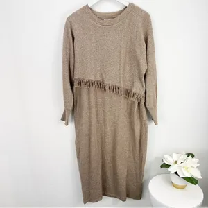 STITCHDROP Fringe 2 in 1 Sweater Dress Midi Fringe Branch Tan Size XL NWT thumbnail 3