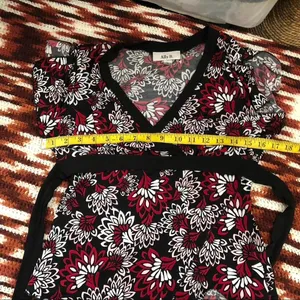 Y2K Vintage Whimsygoth Wrap Top Belted Babydoll V-Neck Blouse Shirt Floral Asymmetrical Hem Short Sleeve USA Made Red White Black-M Measurement in pics Great condition thumbnail 6
