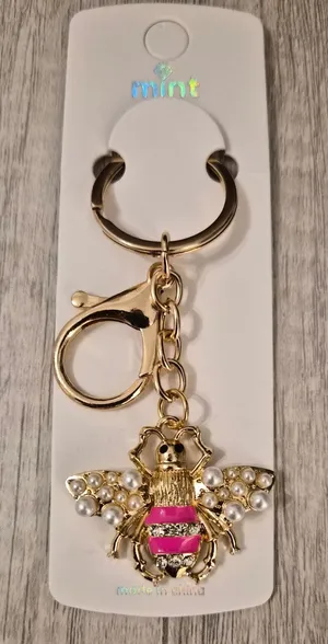 NWT Mint Gold Bumblebee Bag Charm Keychain Pink Rhinestone Pearl Cottagecore thumbnail 1