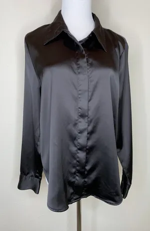 Worthington Black Satin Button Up Blouse Sz Large Whimsygoth Goth thumbnail 1