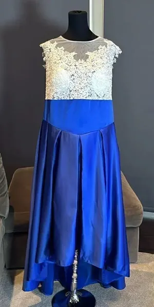 Women’s High Low Blue & White Formal Party Wedding Guest Satin Dress Size XL thumbnail 1