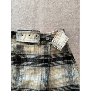 Free People Women's Ari Wrap Skirt Beige Black Plaid Mini‎ Belted Wool Size 2 thumbnail 2