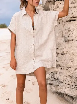Rhythm Classic Linen Blend Shirt Dress In Oat Size S thumbnail 1