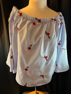 Always Indigo Womens XL Blue White Striped Poppy Floral Off Shoulder Blouse Top thumbnail 1