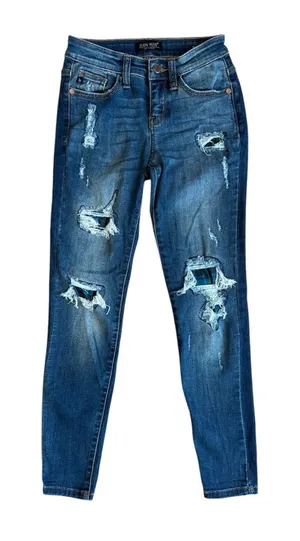 JUDY BLUE Green Blue Plaid Patch Skinny Fit Jeans Size 0/24 Women’s‎ thumbnail 1