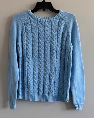 Lands’ End Drifter Cable Knit Cotton Sweater Blue‎ Medium M 10-12 thumbnail 1