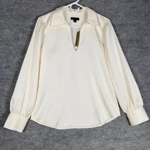 J.Crew Size-M Womens Ivory Satin Split Neck Long Sleeve Blouse Top Office thumbnail 1