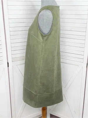 Loft Faux Suede V Neck Jumper Shift Mini Dress Olive Green 8 Tall Sleeveless thumbnail 3