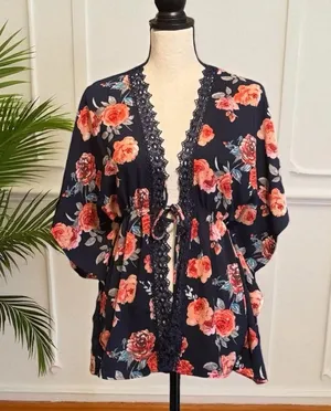 🌺 MILEY + MOLLY Navy Floral Kimono Tie-Front Cardigan – Medium thumbnail 1