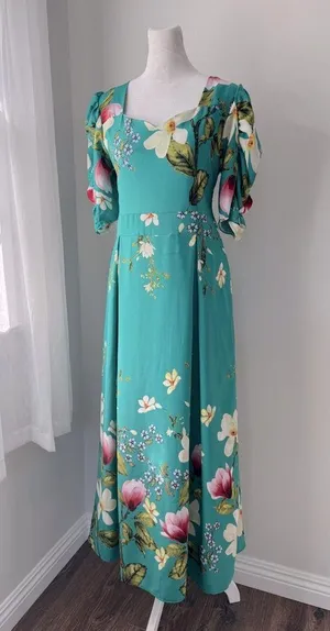 Minh Phuong Teal Floral Print Sweetheart Neckline Half Sleeve Maxi Dress thumbnail 2