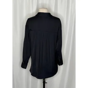 ANTHROPOLOGIE Black Satin Button Down Shirt Blouse Top Pockets Solid Small thumbnail 8