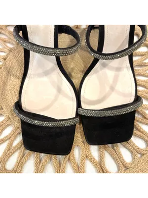SCHUTZ Salwa Rhinestone Square Toe Heels Black Suede Block Size 7.5 thumbnail 8