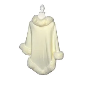 Source Unknown Elegant Ivory Fur Trimmed Knit Poncho Cape- One Size thumbnail 2
