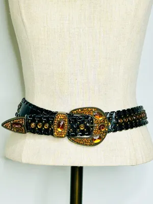 Western Rhinestone Whipstitch Belt with Orange Stones and Black Faux Leather thumbnail 3