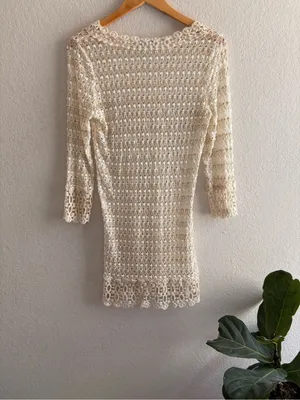 Solitaire Swim by Anthropologie Cream Crochet Swim Coverup Y2k Vintage Gold Shimmer M thumbnail 5