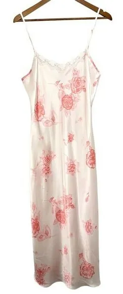 Vintage Floral Pink Lace Trim Satin Slip Nightgown Private Luxury Fairycore thumbnail 1