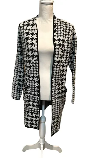 Nine West Women's XS Houndstooth Open Front Long Cardigan Black‎ White thumbnail 1