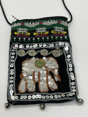 Sequin Elephant Crossbody Bag Womens Mini Black Boho Tribal Festival Zip Bells thumbnail 1