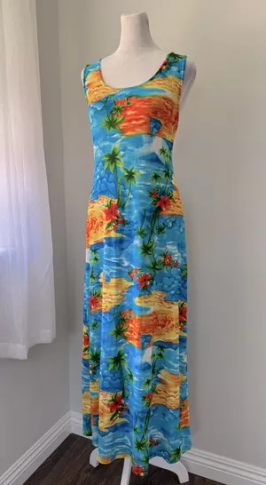 Vintage Y2K Tropical Hawaiian Print Lightweight Scoop Neck Sleeveless Maxi Dress thumbnail 1