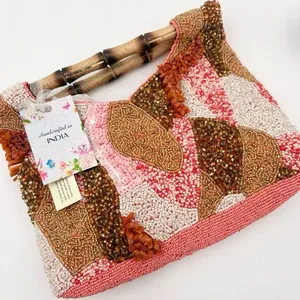 Handcrafted India Beaded Sequin Bamboo Handle Handbag Pink Coral Gold NEW thumbnail 1