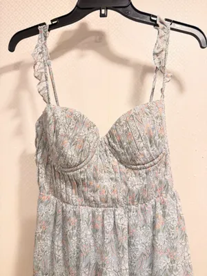 ASTR Pale Blue Floral Tiered Sweetheart Maxi Boho Dress Flutter Straps Size S thumbnail 6