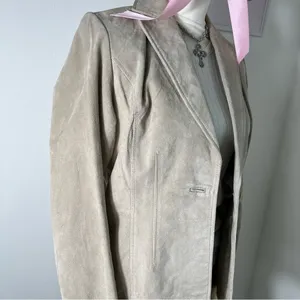American Vintage Vintage 90s Cream Beige Genuine Leather Suede Button‎ Blazer Coat Womens Medium thumbnail 3