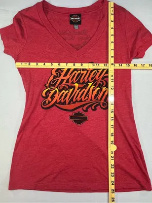 Harley Davidson Black Gold Allen TX Flame Script Women’s V-Neck Shirt Medium thumbnail 8