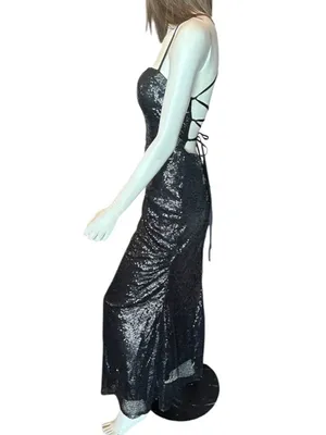 Monvelli Sequin Halter Open Back Slip Dress Black Size 2 NWT thumbnail 3