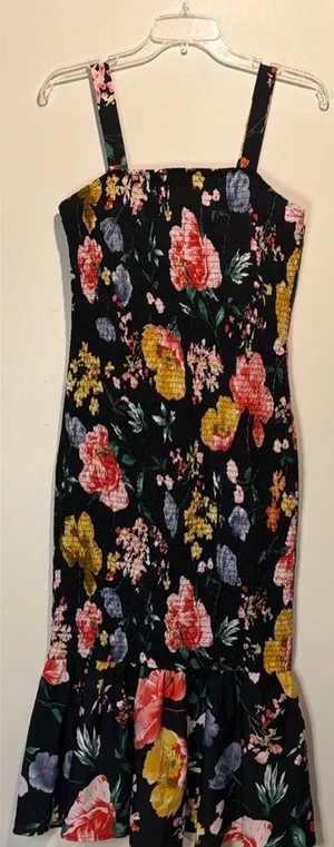 Pretty Garden Black + Colorful Floral Smocked Ruffle Hem Maxi Dress Size M thumbnail 1
