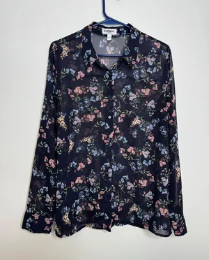 Express Portofino Shirt Womens L Navy Blue Excellent Floral Chiffon Button Down thumbnail 1