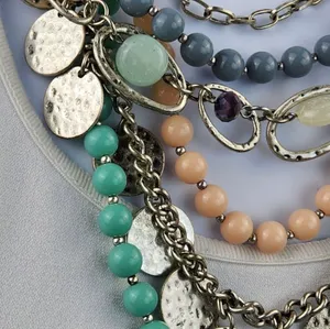 Premier Designs Multicolor Layered Beaded Charm Statement Necklace Silver Tone  thumbnail 3